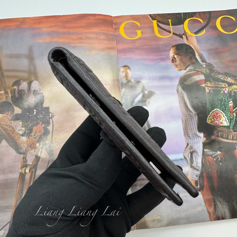 GUCCI 古馳 經典 GG 壓紋皮革紅綠織帶深咖啡色短夾-15