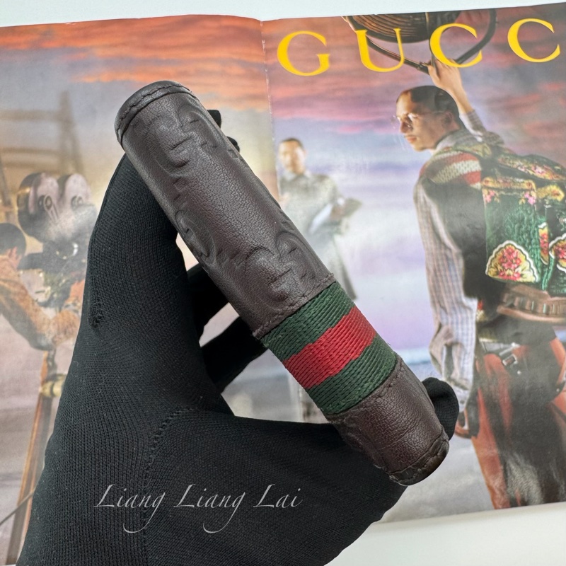 GUCCI 古馳 經典 GG 壓紋皮革紅綠織帶深咖啡色短夾-16