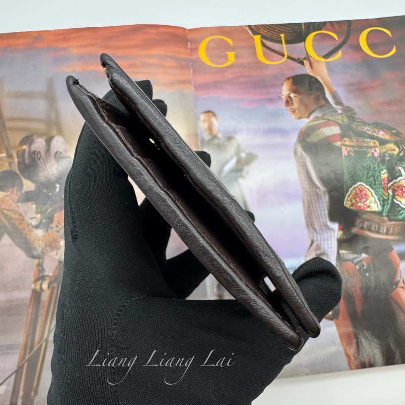 GUCCI 古馳 經典 GG 壓紋皮革紅綠織帶深咖啡色短夾-17
