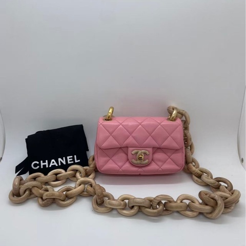 香奈兒 Chanel mini 粉色金扣羊皮木鏈條包芯片