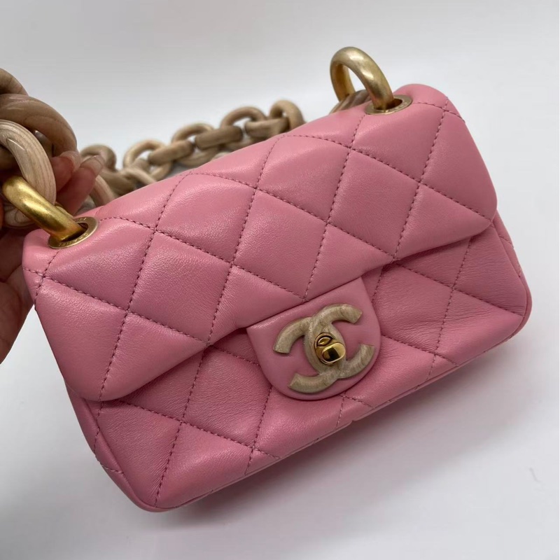 香奈兒 Chanel mini 粉色金扣羊皮木鏈條包芯片-1