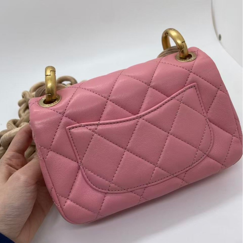 香奈兒 Chanel mini 粉色金扣羊皮木鏈條包芯片-2
