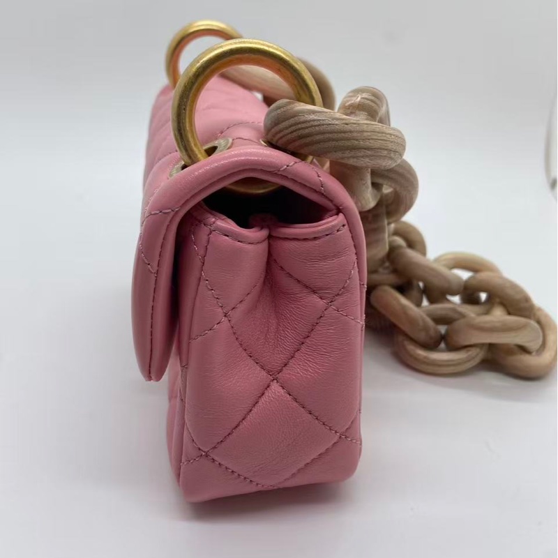 香奈兒 Chanel mini 粉色金扣羊皮木鏈條包芯片-3
