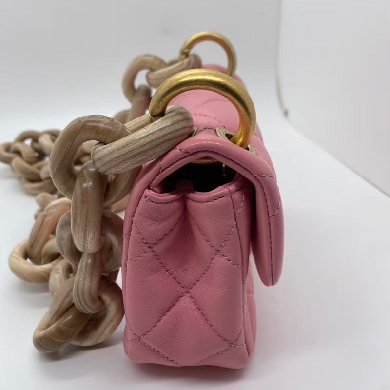 香奈兒 Chanel mini 粉色金扣羊皮木鏈條包芯片-4