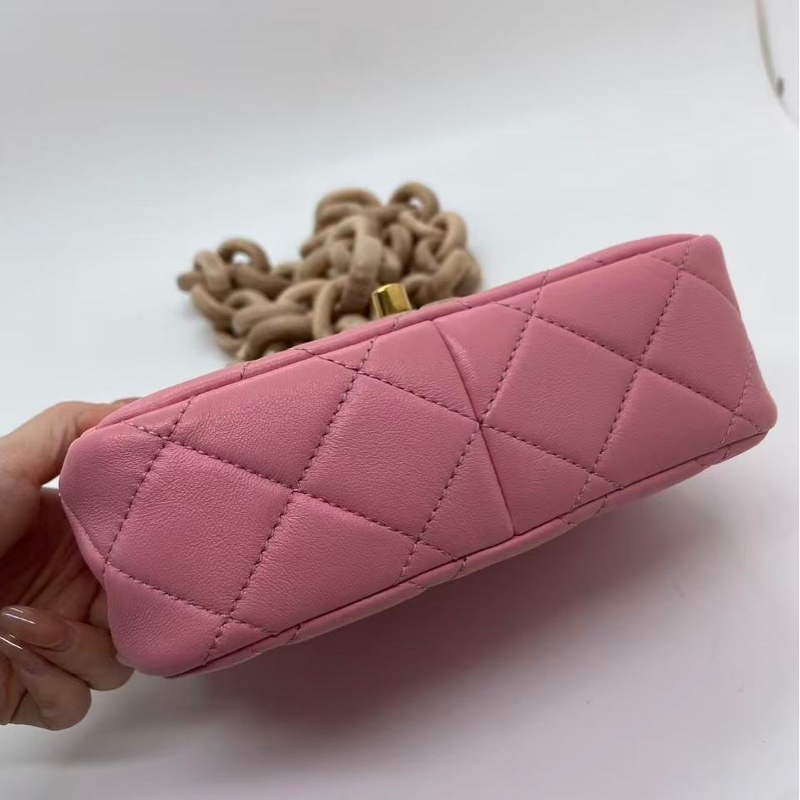 香奈兒 Chanel mini 粉色金扣羊皮木鏈條包芯片-5
