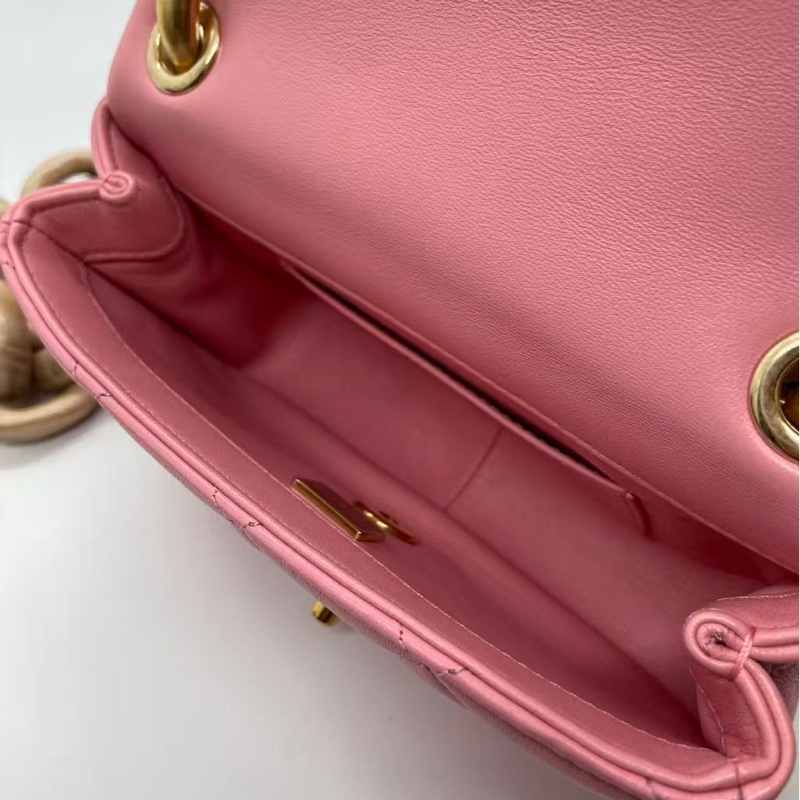 香奈兒 Chanel mini 粉色金扣羊皮木鏈條包芯片-6