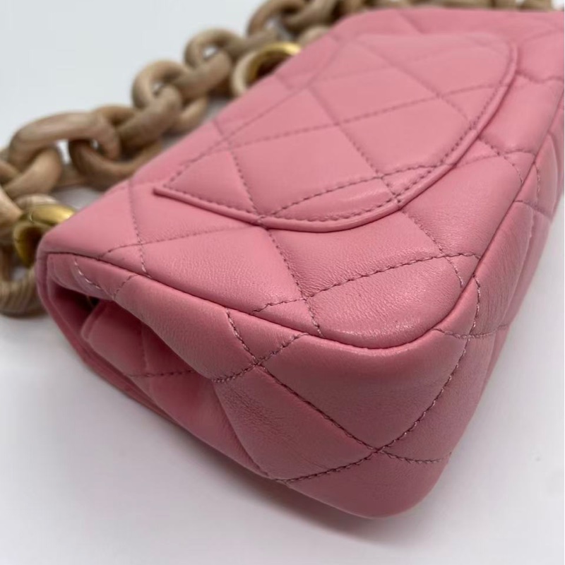 香奈兒 Chanel mini 粉色金扣羊皮木鏈條包芯片-15