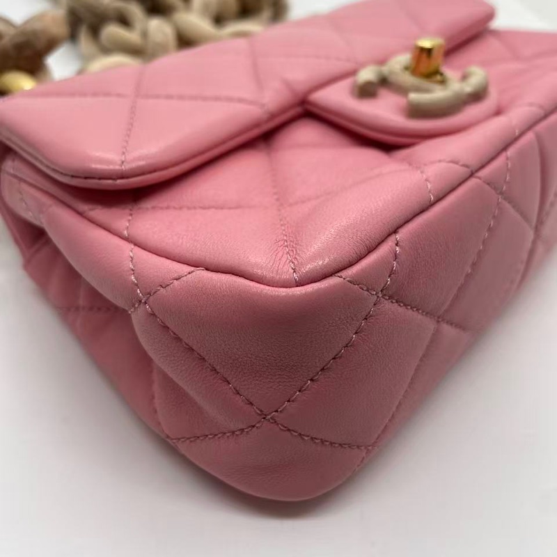 香奈兒 Chanel mini 粉色金扣羊皮木鏈條包芯片-17