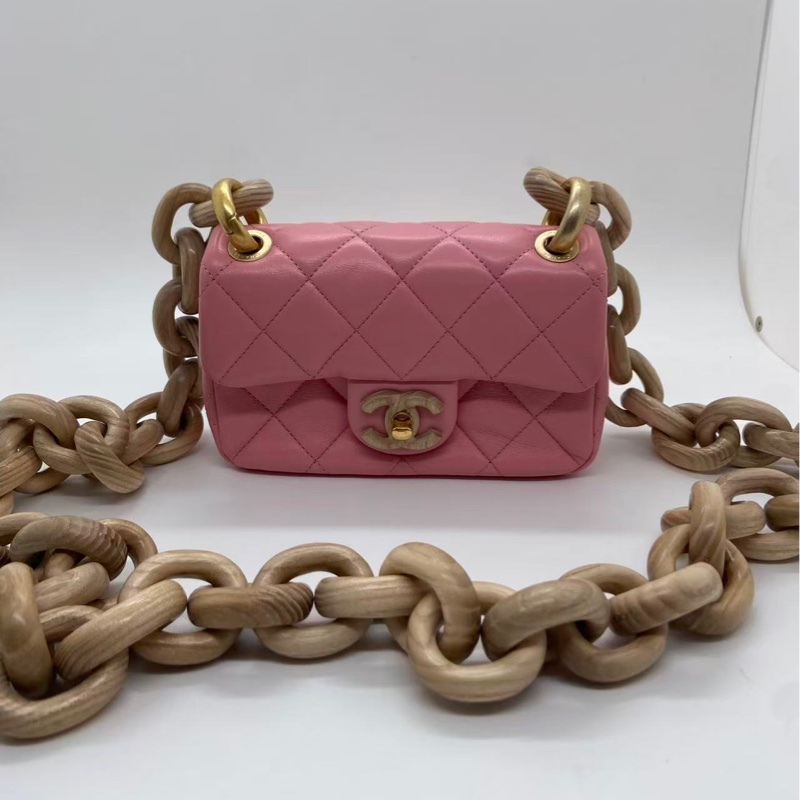 香奈兒 Chanel mini 粉色金扣羊皮木鏈條包芯片-18