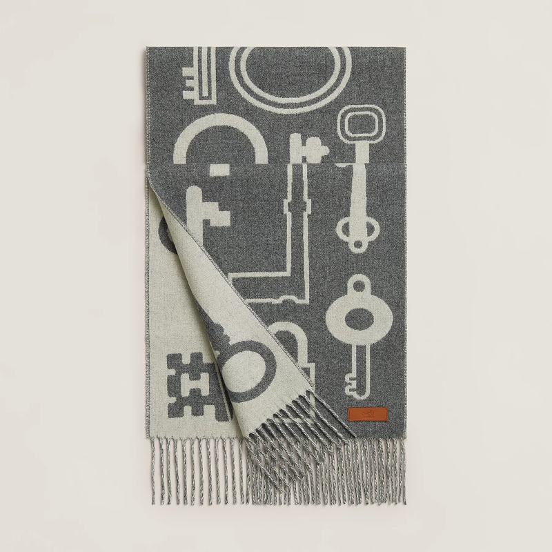 Hermes💕鑰匙雙面流蘇圍巾-灰-2