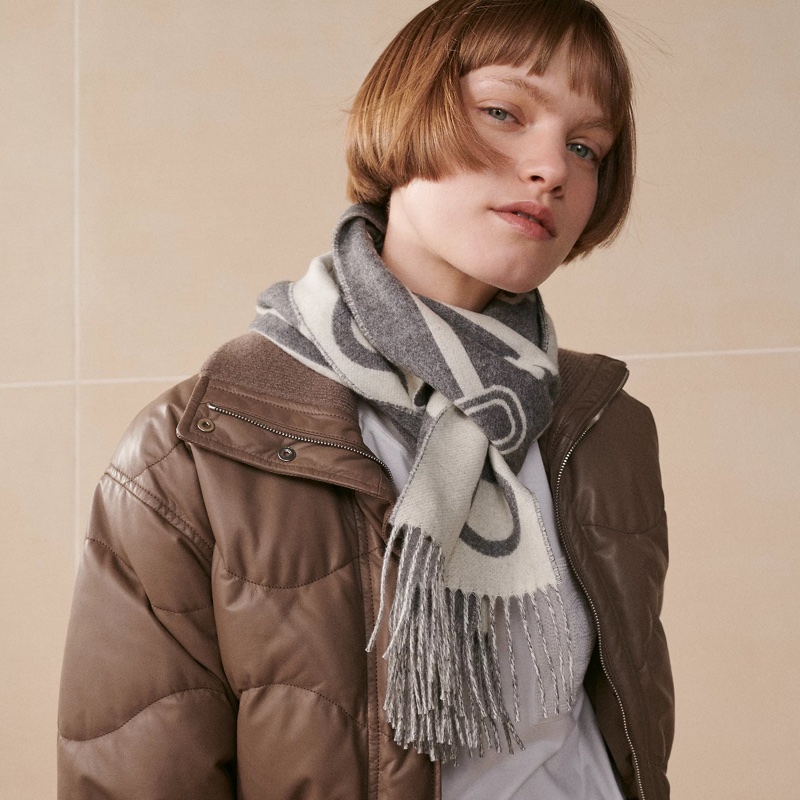 Hermes💕鑰匙雙面流蘇圍巾-灰-3