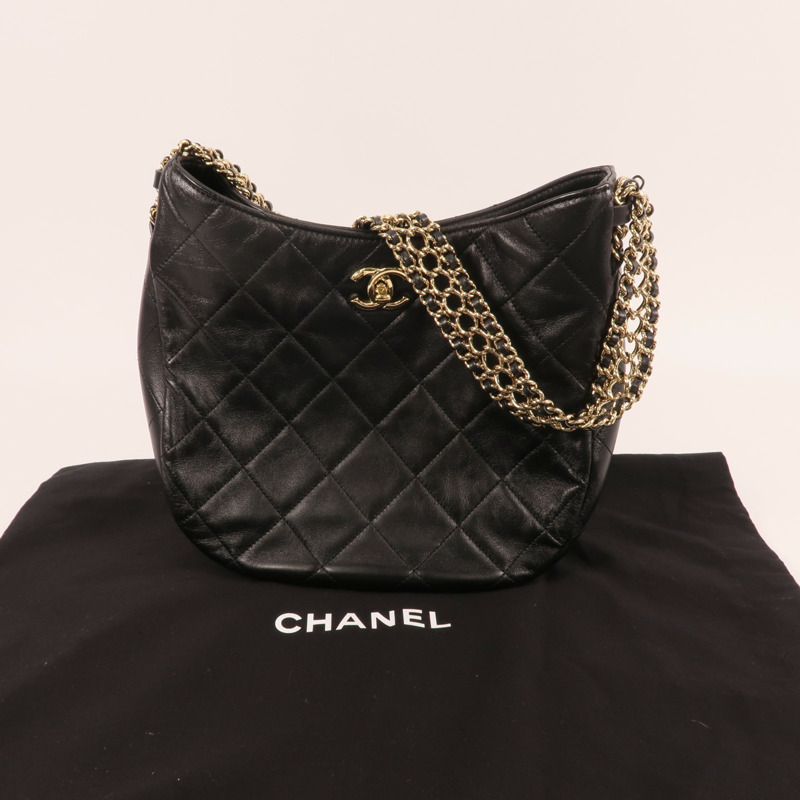 CHANEL 羊皮皮革Hobo Bag金扣鏈帶肩背袋-9