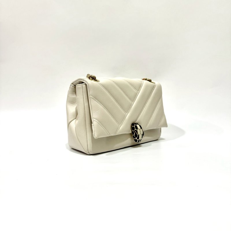 BVLGARI白色絎縫小牛皮Serpenti Cabochon蛇頭側背包287993-3