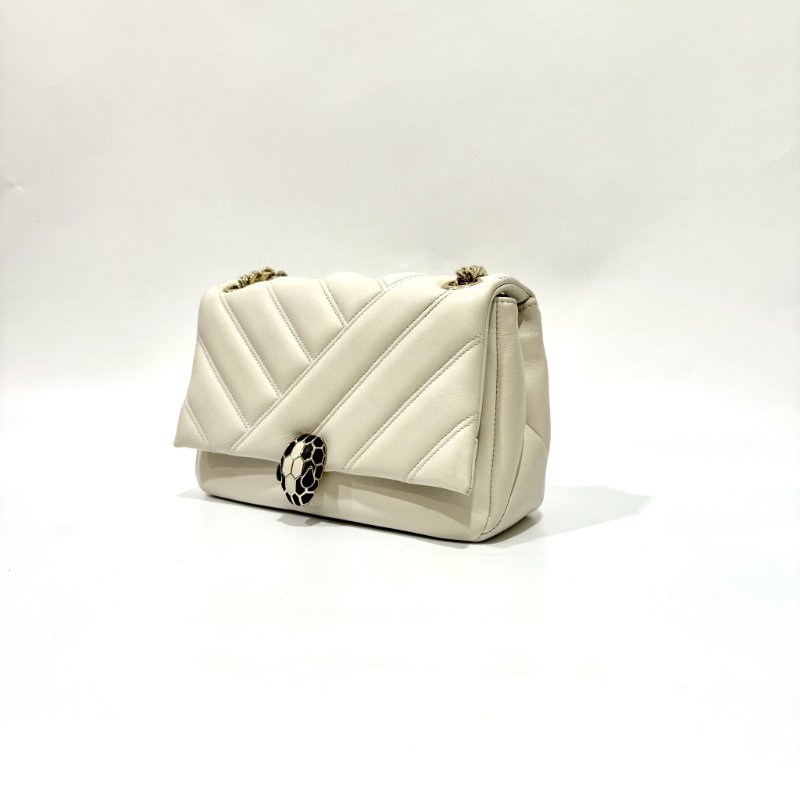 BVLGARI白色絎縫小牛皮Serpenti Cabochon蛇頭側背包287993-4