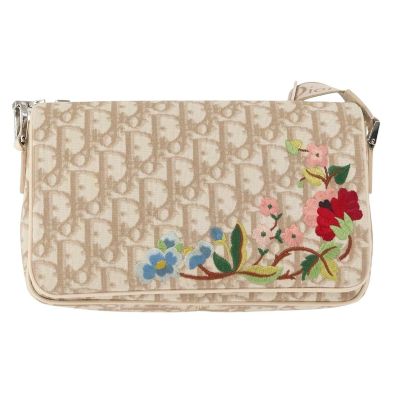 【日本直送】Christian Dior Trotter帆布花朵單肩包 PVC 米色 銀色 正品 ki6266-12