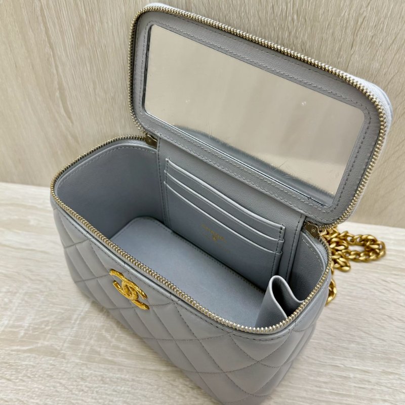 CHANEL灰色羊皮金色調節扣長盒子-13