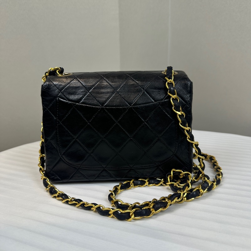 香奈兒/Chanel Vintage Mini Square 黑金羊皮CF鏈條斜背包 中古小號方胖子 17x6x14cm-1