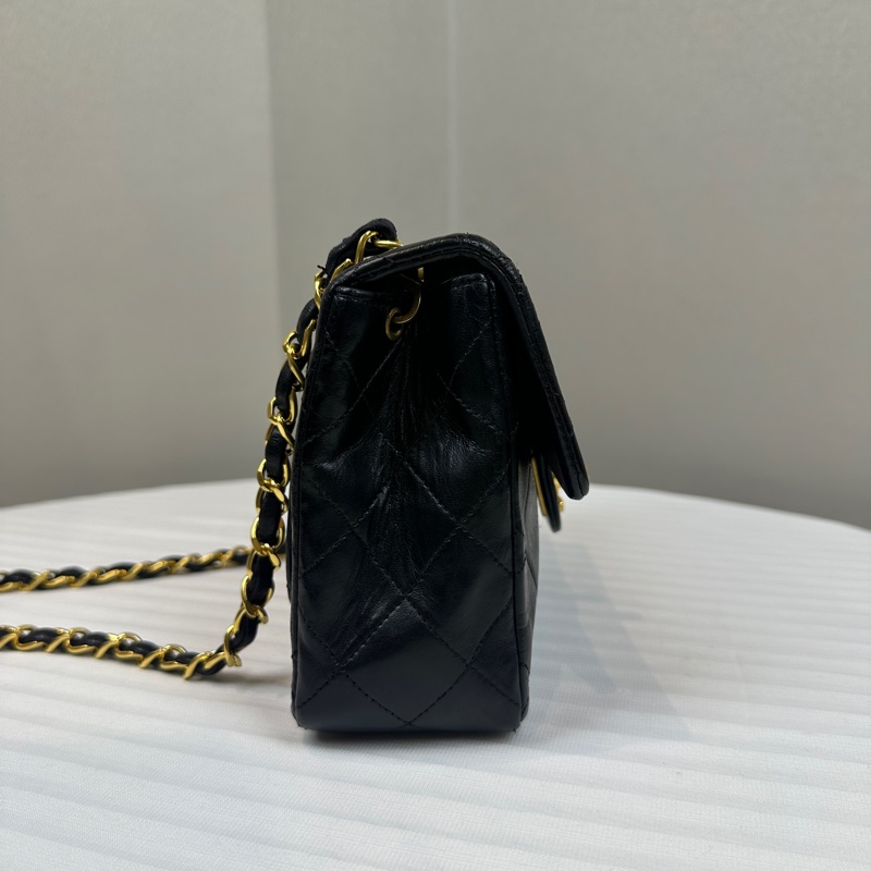 香奈兒/Chanel Vintage Mini Square 黑金羊皮CF鏈條斜背包 中古小號方胖子 17x6x14cm-2