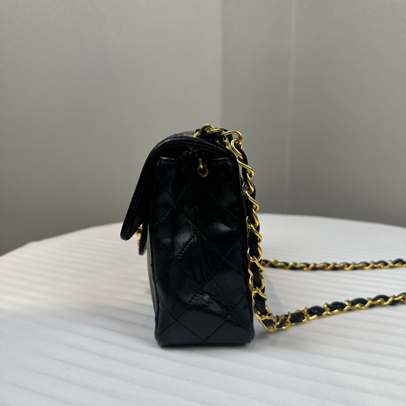 香奈兒/Chanel Vintage Mini Square 黑金羊皮CF鏈條斜背包 中古小號方胖子 17x6x14cm-3