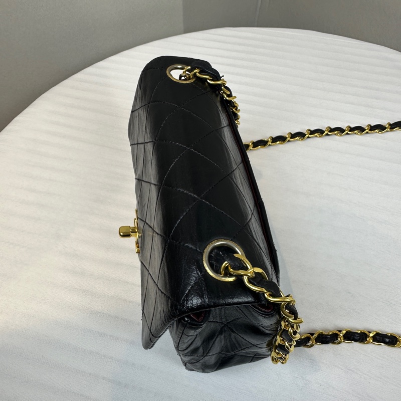 香奈兒/Chanel Vintage Mini Square 黑金羊皮CF鏈條斜背包 中古小號方胖子 17x6x14cm-4