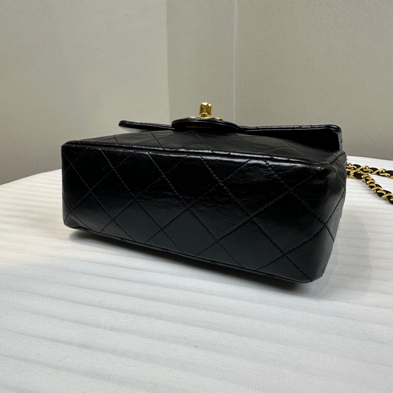 香奈兒/Chanel Vintage Mini Square 黑金羊皮CF鏈條斜背包 中古小號方胖子 17x6x14cm-5