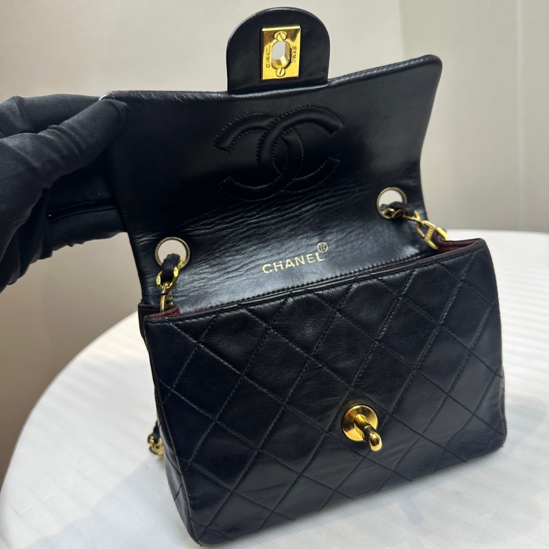 香奈兒/Chanel Vintage Mini Square 黑金羊皮CF鏈條斜背包 中古小號方胖子 17x6x14cm-6