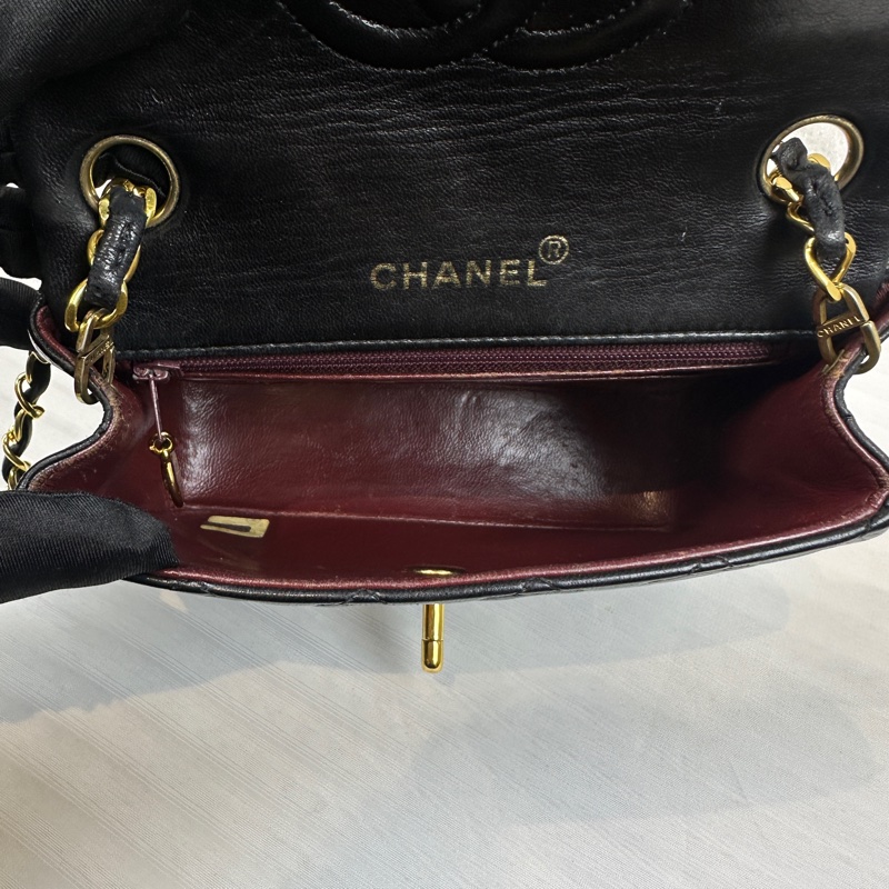香奈兒/Chanel Vintage Mini Square 黑金羊皮CF鏈條斜背包 中古小號方胖子 17x6x14cm-7