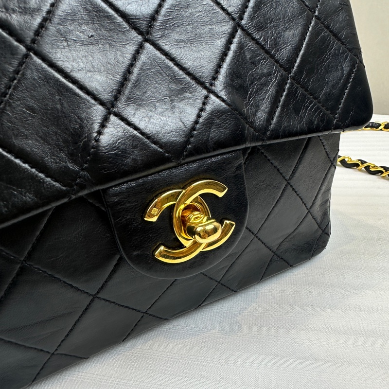 香奈兒/Chanel Vintage Mini Square 黑金羊皮CF鏈條斜背包 中古小號方胖子 17x6x14cm-12