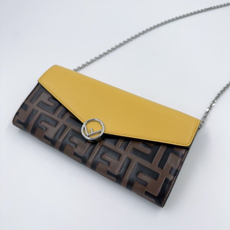 FENDI黃色牛皮拼老花下蓋長夾woc-0