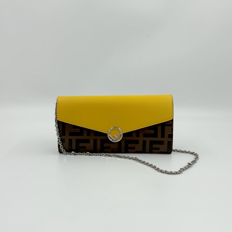 FENDI黃色牛皮拼老花下蓋長夾woc-2