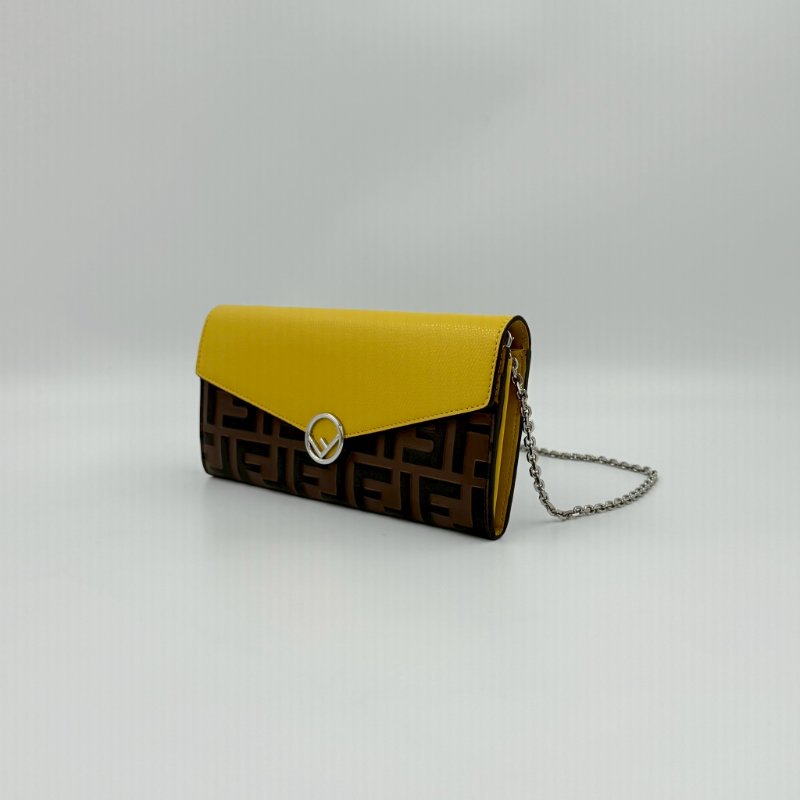 FENDI黃色牛皮拼老花下蓋長夾woc-4