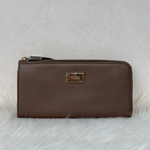 Tods 摩卡色 灰色 EPSOM 牛皮 金牌 拉鍊 長夾 皮夾 錢包 發財包