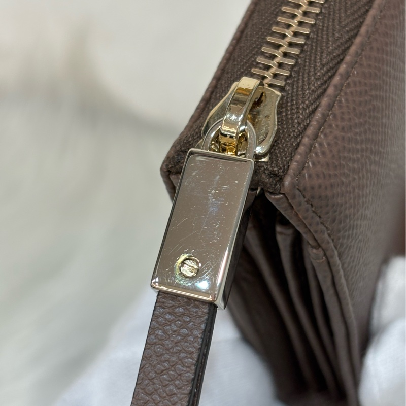 Tods 摩卡色 灰色 EPSOM 牛皮 金牌 拉鍊 長夾 皮夾 錢包 發財包-5