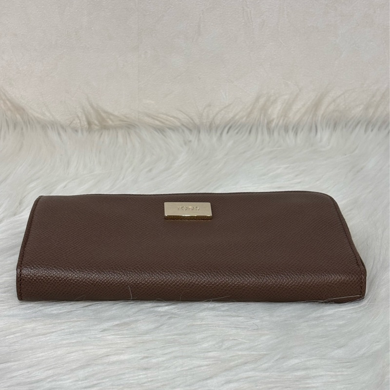 Tods 摩卡色 灰色 EPSOM 牛皮 金牌 拉鍊 長夾 皮夾 錢包 發財包-8