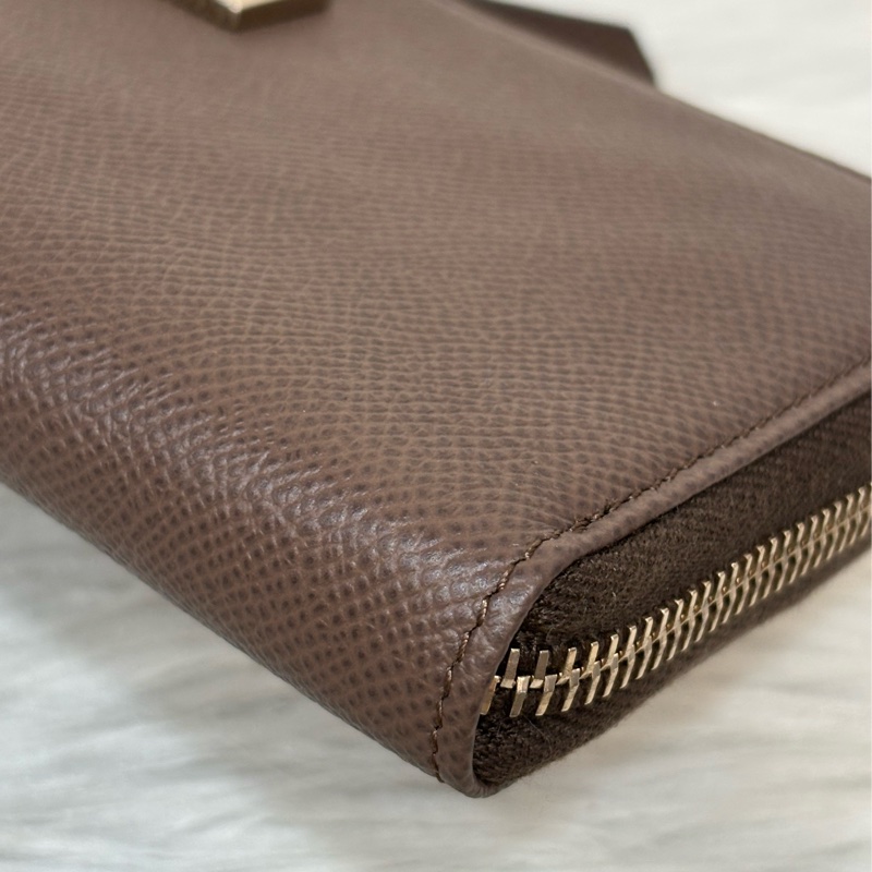 Tods 摩卡色 灰色 EPSOM 牛皮 金牌 拉鍊 長夾 皮夾 錢包 發財包-10