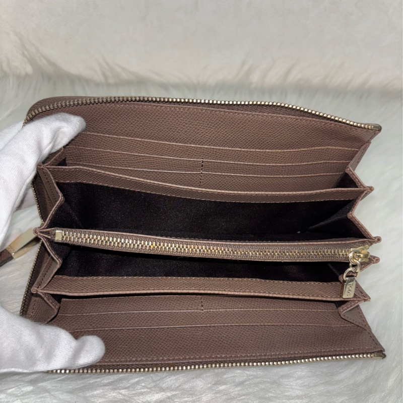 Tods 摩卡色 灰色 EPSOM 牛皮 金牌 拉鍊 長夾 皮夾 錢包 發財包-24
