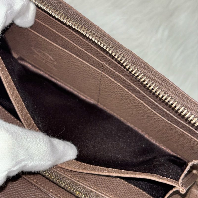 Tods 摩卡色 灰色 EPSOM 牛皮 金牌 拉鍊 長夾 皮夾 錢包 發財包-31