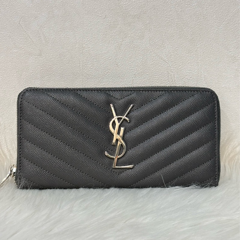 YSL 358094 LOGO 大象灰荔枝皮 銀釦 發財包拉鍊夾信用卡零錢包長夾皮夾發財包-0