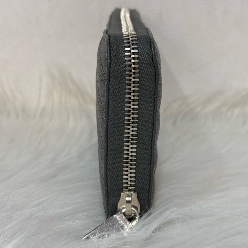 YSL 358094 LOGO 大象灰荔枝皮 銀釦 發財包拉鍊夾信用卡零錢包長夾皮夾發財包-1