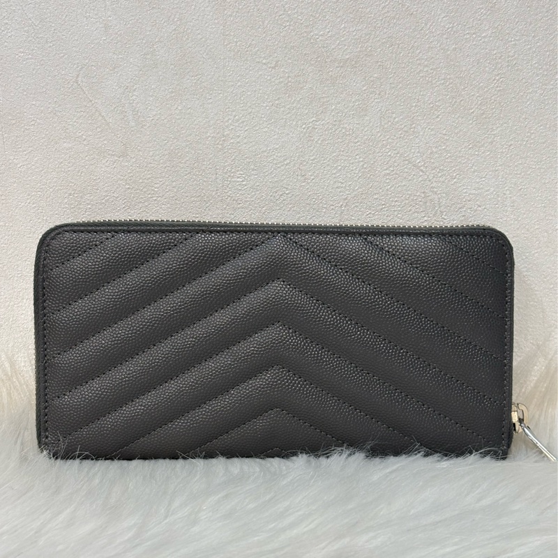 YSL 358094 LOGO 大象灰荔枝皮 銀釦 發財包拉鍊夾信用卡零錢包長夾皮夾發財包-2