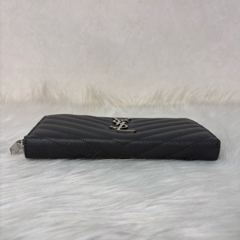 YSL 358094 LOGO 大象灰荔枝皮 銀釦 發財包拉鍊夾信用卡零錢包長夾皮夾發財包-4