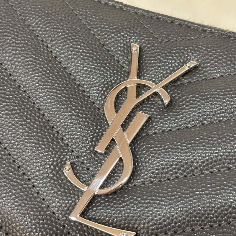 YSL 358094 LOGO 大象灰荔枝皮 銀釦 發財包拉鍊夾信用卡零錢包長夾皮夾發財包-5