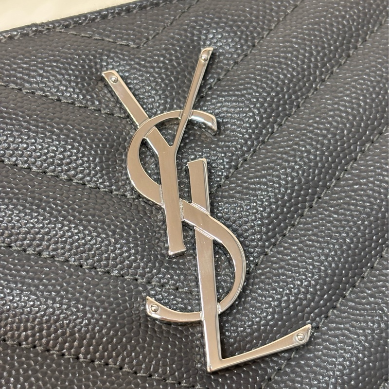YSL 358094 LOGO 大象灰荔枝皮 銀釦 發財包拉鍊夾信用卡零錢包長夾皮夾發財包-6