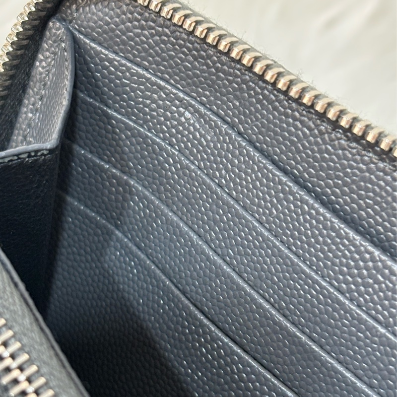 YSL 358094 LOGO 大象灰荔枝皮 銀釦 發財包拉鍊夾信用卡零錢包長夾皮夾發財包-24