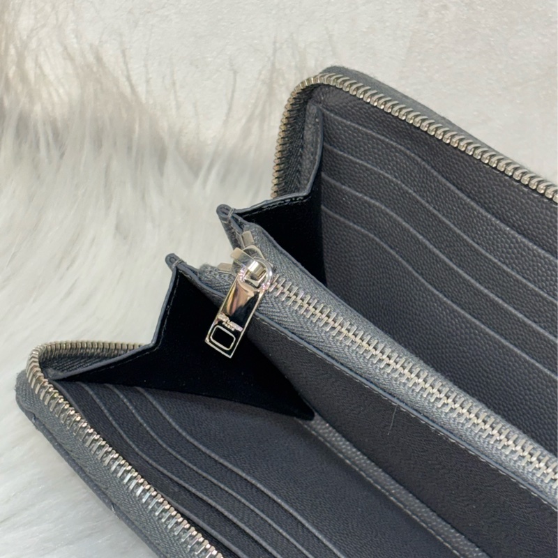 YSL 358094 LOGO 大象灰荔枝皮 銀釦 發財包拉鍊夾信用卡零錢包長夾皮夾發財包-29