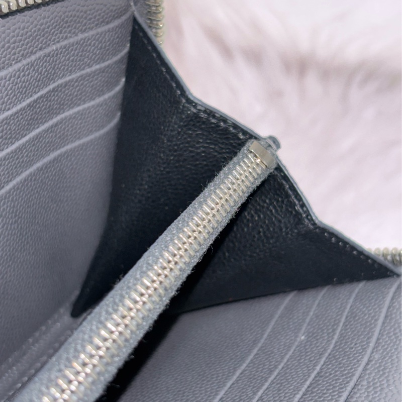 YSL 358094 LOGO 大象灰荔枝皮 銀釦 發財包拉鍊夾信用卡零錢包長夾皮夾發財包-30