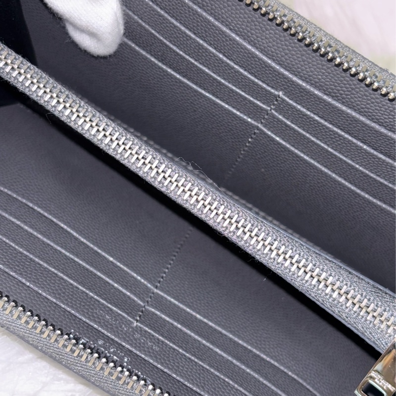 YSL 358094 LOGO 大象灰荔枝皮 銀釦 發財包拉鍊夾信用卡零錢包長夾皮夾發財包-35