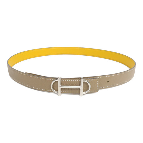 HERMES Epsom/Swift皮革Gamma Belt銀扣皮帶Etoupe/Jaune Ambre
