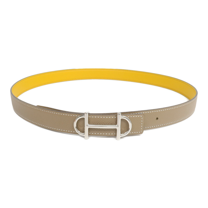 HERMES Epsom/Swift皮革Gamma Belt銀扣皮帶Etoupe/Jaune Ambre-0