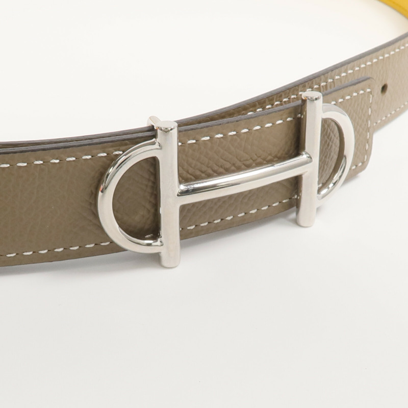 HERMES Epsom/Swift皮革Gamma Belt銀扣皮帶Etoupe/Jaune Ambre-3